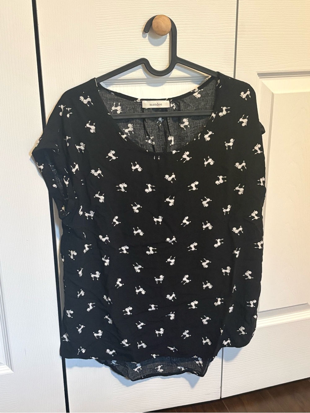 mandee Black Short Sleeve Top with White Poodle Print